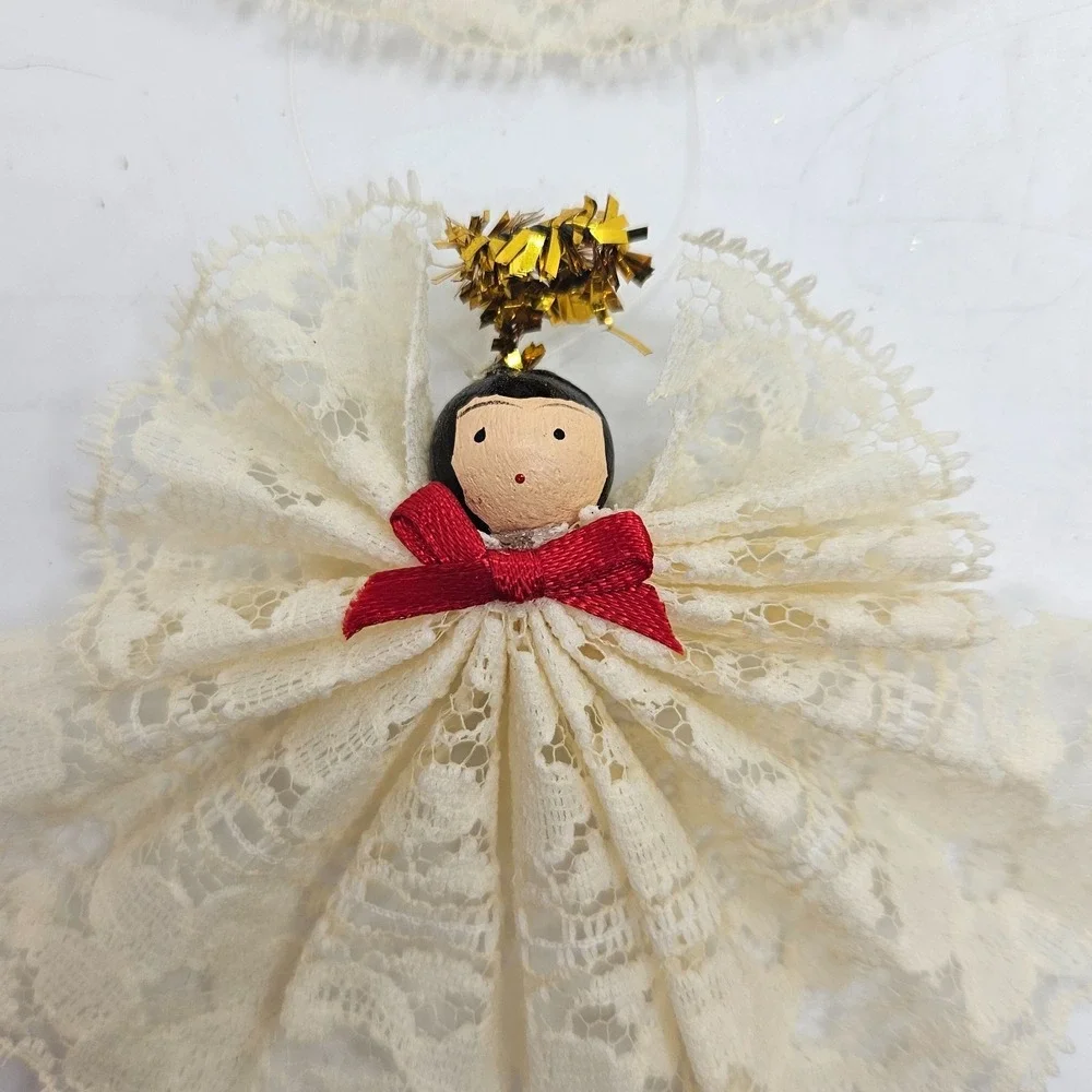 Vintage Handmade Lace Angel Christmas Ornaments Lot of 4 Wood Bead Faces